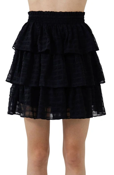 English Factory Gingham Tiered Chiffon Miniskirt In Black
