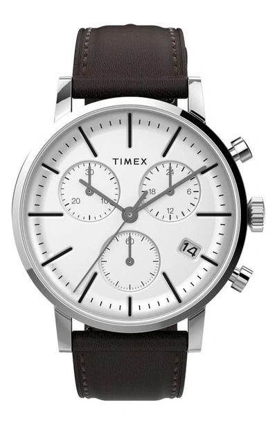 Shop Timex Midtown Chronograph Leather Strap Watch, 40mm In Silver/ White/ Black