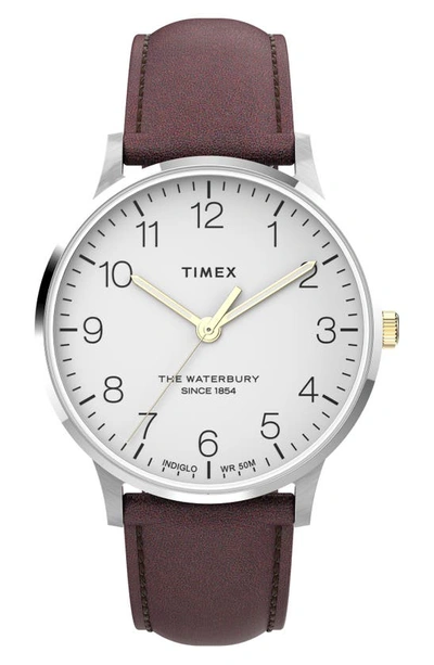 Shop Timex Waterbury Classic Leather Strap Watch, 40mm In Silver/ White/ Brown