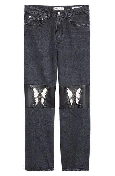 Shop Our Legacy Third Cut Schmetterling Leather Patch Straight Leg Jeans In Schmetterling Patch Denim
