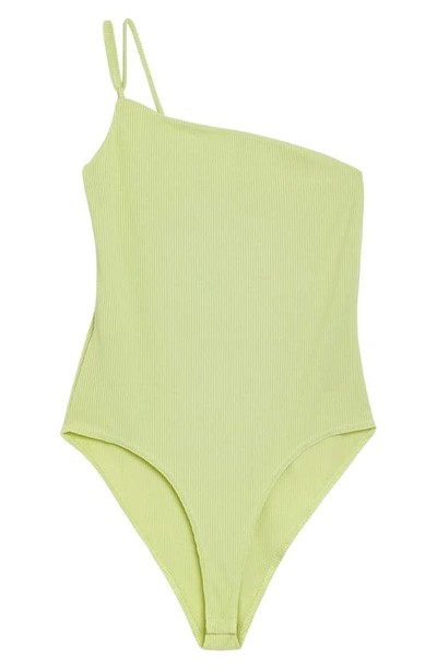 Shop River Island Asymmetric One-shoulder Bodysuit In Lime