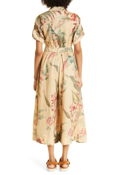 Shop Alemais Arabella Floral Wide Leg Linen Jumpsuit In Fawn