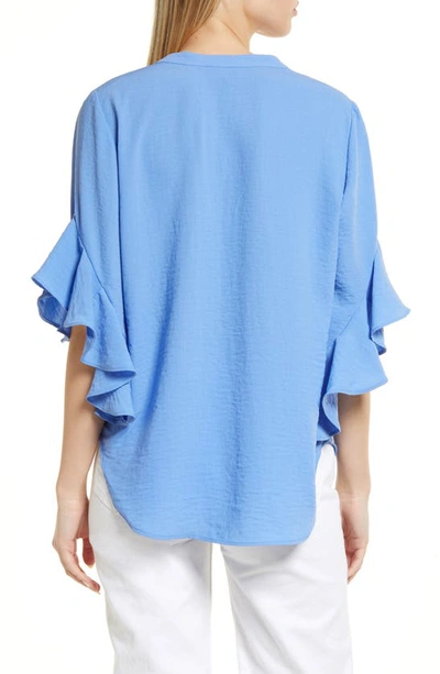 Shop Vince Camuto Ruffle Sleeve Split Neck Blouse In Blue Jay