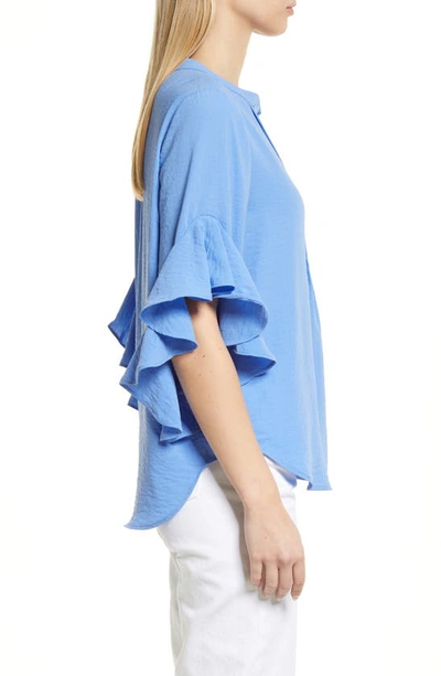 Shop Vince Camuto Ruffle Sleeve Split Neck Blouse In Blue Jay