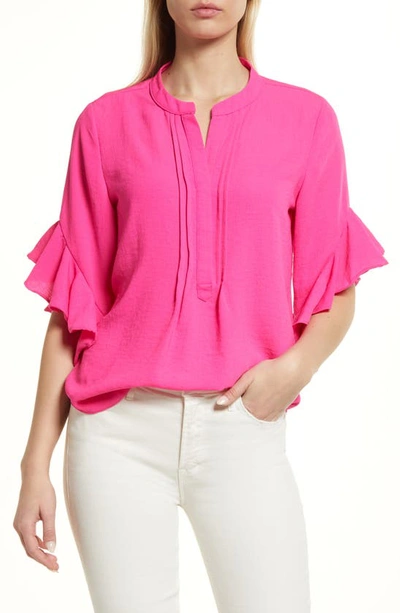 Shop Vince Camuto Ruffle Sleeve Split Neck Blouse In Hot Pink