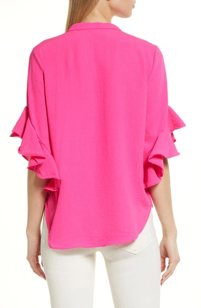 Shop Vince Camuto Ruffle Sleeve Split Neck Blouse In Hot Pink