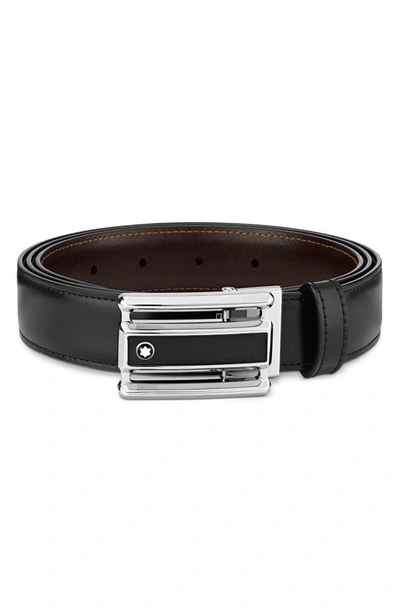 Shop Montblanc Rectangular Cut-out Buckle Reversible Leather Belt In Black / Brown