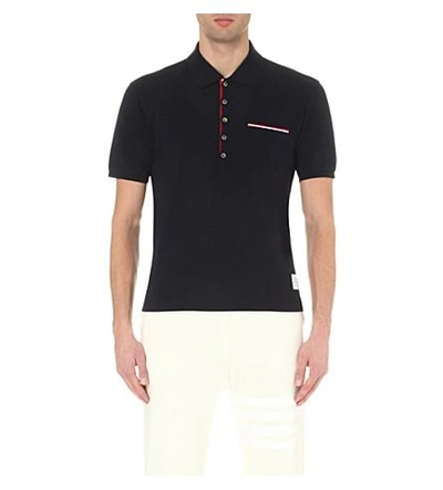 Shop Thom Browne Branded Cotton-piqué Polo Shirt In Navy