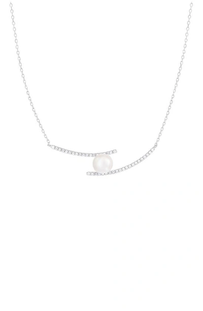 Shop Splendid Pearls Sterling Silver Pavé Cz 7.5-8mm Pearl Pendant Necklace In Natural White