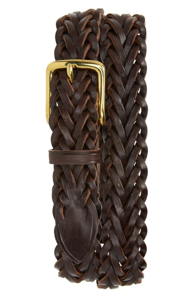 Shop Drake's Woven Leather Belt In Brown