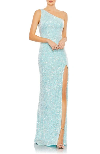 Shop Ieena For Mac Duggal One-shoulder Sequin Gown In Ice Blue