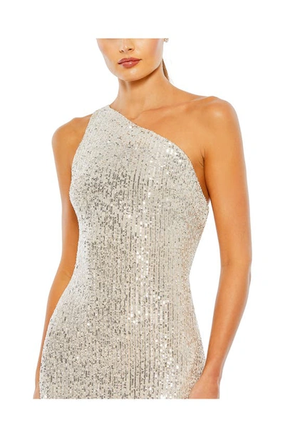 Shop Ieena For Mac Duggal One-shoulder Sequin Gown In Silver