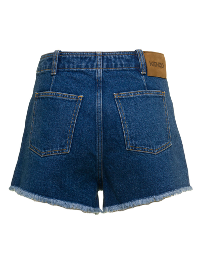 Shop Kenzo Womans Blue Denim Shorts With Fringed Bottom