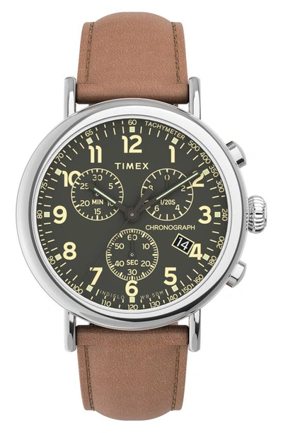 Shop Timex Standard Chronograph Leather Strap Watch, 41mm In Silver/ Green/ Brown