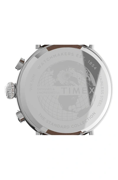 Shop Timex Standard Chronograph Leather Strap Watch, 41mm In Silver/ Green/ Brown