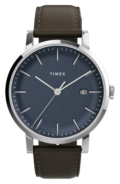 Shop Timex Midtown Leather Strap Watch, 38mm In Silver/ Blue/ Brown