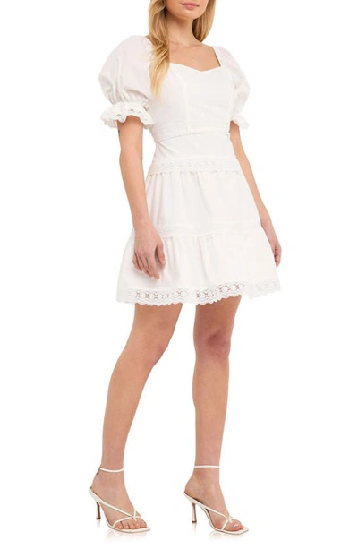 Endless Rose Lace Trim Puff Sleeve Minidress In White