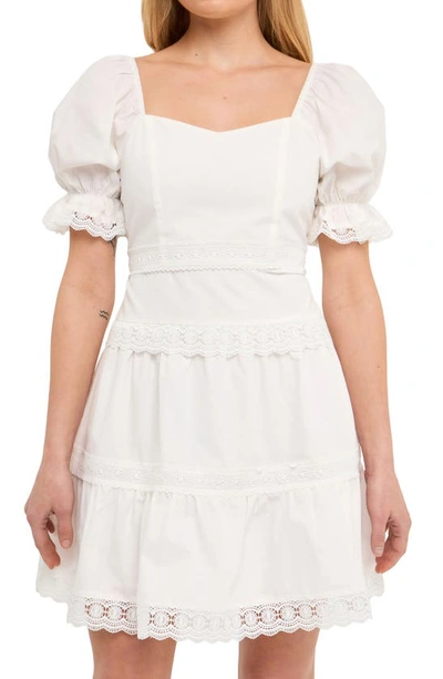 Endless Rose Lace Trim Puff Sleeve Minidress In White