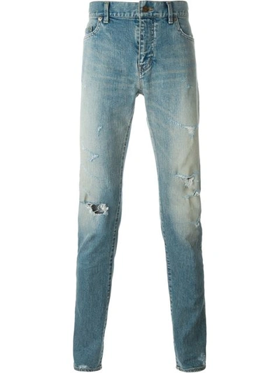 Saint Laurent Dirty Distressed Skinny Jeans With Blowout Knee, Blue