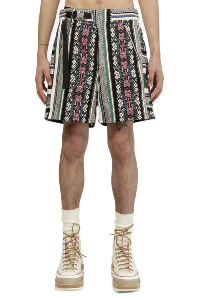 Shop Sacai Jacquard Belted Waist Shorts In Multi