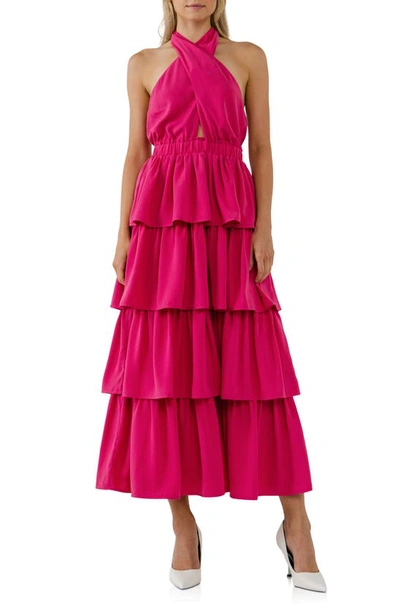 Shop Endless Rose Halter Neck Tiered Maxi Dress In Fuchsia