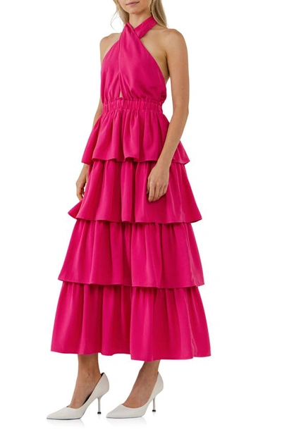 Shop Endless Rose Halter Neck Tiered Maxi Dress In Fuchsia