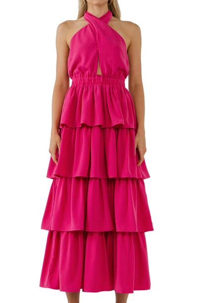 Shop Endless Rose Halter Neck Tiered Maxi Dress In Fuchsia