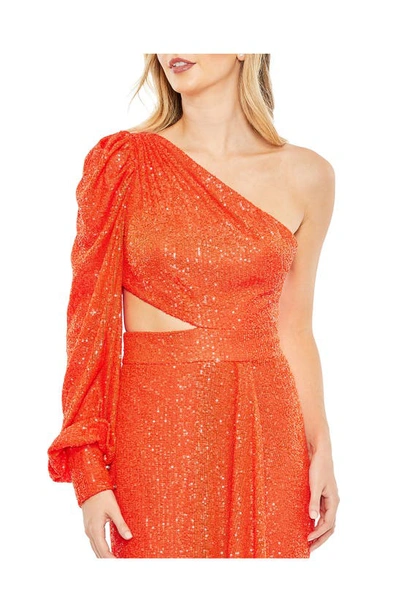 Shop Ieena For Mac Duggal Sequin Cutout One-shoulder Gown In Tangerine