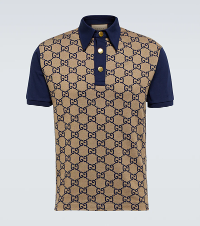 Shop Gucci Maxi Gg Silk And Cotton Polo Shirt In Beige/blue