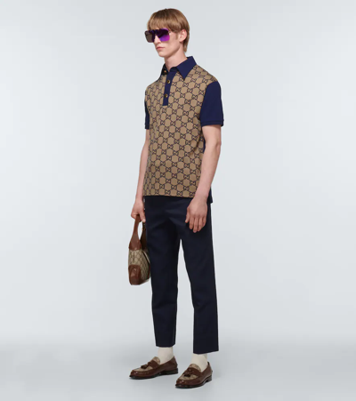 Shop Gucci Maxi Gg Silk And Cotton Polo Shirt In Beige/blue