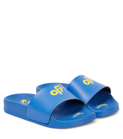 Shop Off-white Logo Pool Slides In Blue Yellow