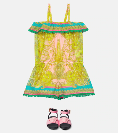 Shop Versace Barocco Goddess Cotton And Silk Playsuit In Mauvelous+citron