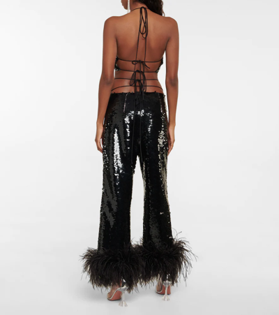 Magda Butrym Feather-trimmed Sequined Chiffon Straight-leg Pants In Black