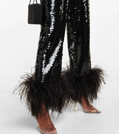 Magda Butrym Feather-trimmed Sequined Chiffon Straight-leg Pants In Black