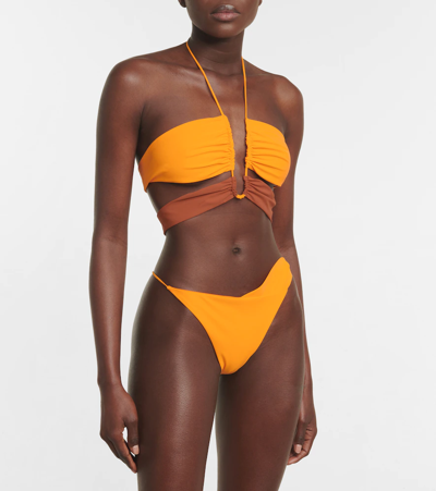 Shop Nensi Dojaka Ruched Halterneck Bikini Top In Orange Brown