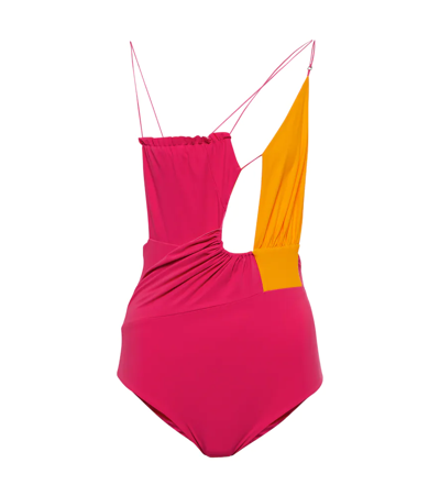 Shop Nensi Dojaka Asymmetric Swimsuit In Fuschia Orange