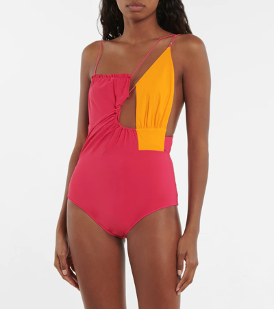 Shop Nensi Dojaka Asymmetric Swimsuit In Fuschia Orange