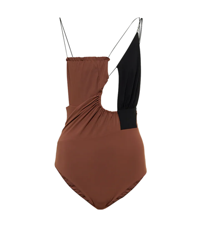 Shop Nensi Dojaka Cutout Asymmetric Swimsuit In Brown Black