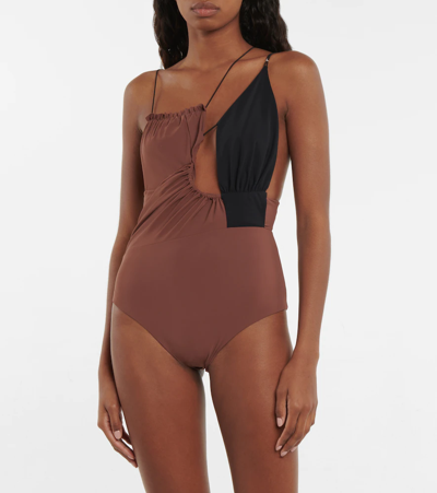 Shop Nensi Dojaka Cutout Asymmetric Swimsuit In Brown Black