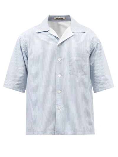 Convertible-collar Terry-lined Striped Cotton-poplin Shirt In Blue Stripe