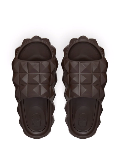 Valentino Flat Rockstud Slides In Brown