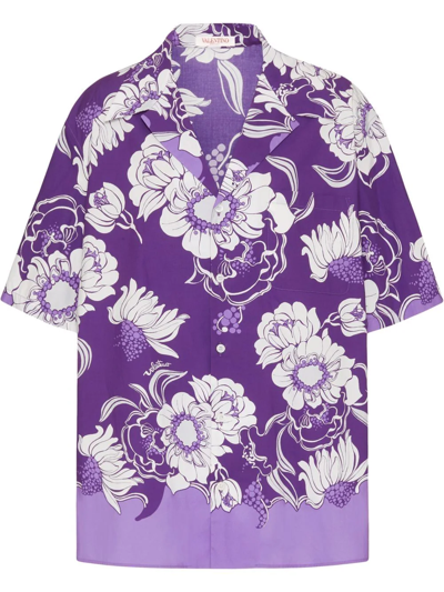 Shop Valentino Floral Pattern Camp Collar Shirt In Purple