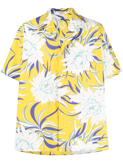 Valentino Street Flowers Couture Peonies Short Sleeve Poplin Button-up Camp Shirt In Yellow