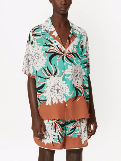 Shop Valentino Floral Pattern Camp Collar Shirt In Blue