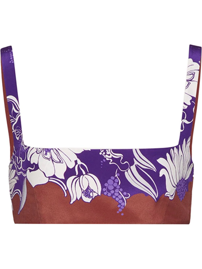 Shop Valentino Floral Cropped Silk Top In Purple