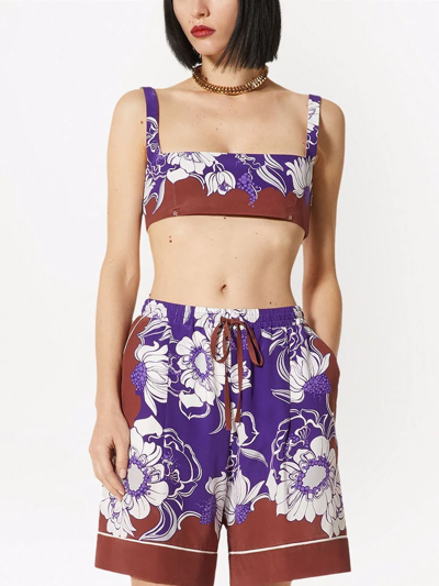 Shop Valentino Floral Cropped Silk Top In Purple