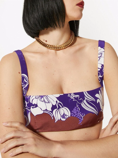 Shop Valentino Floral Cropped Silk Top In Purple