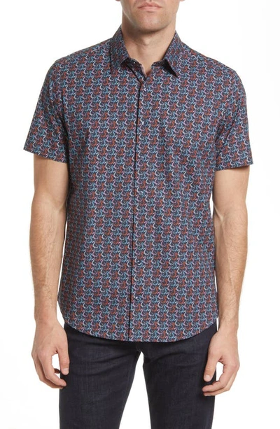 Shop Stone Rose Floral Short Sleeve Stretch Button-up Shirt In Navy