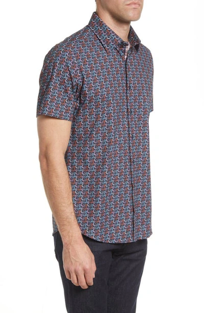 Shop Stone Rose Floral Short Sleeve Stretch Button-up Shirt In Navy
