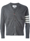 THOM BROWNE SHORT V-NECK CARDIGAN WITH 4-BAR STRIPE IN MEDIUM GREY CASHMERE,MKCS01A0001111226766